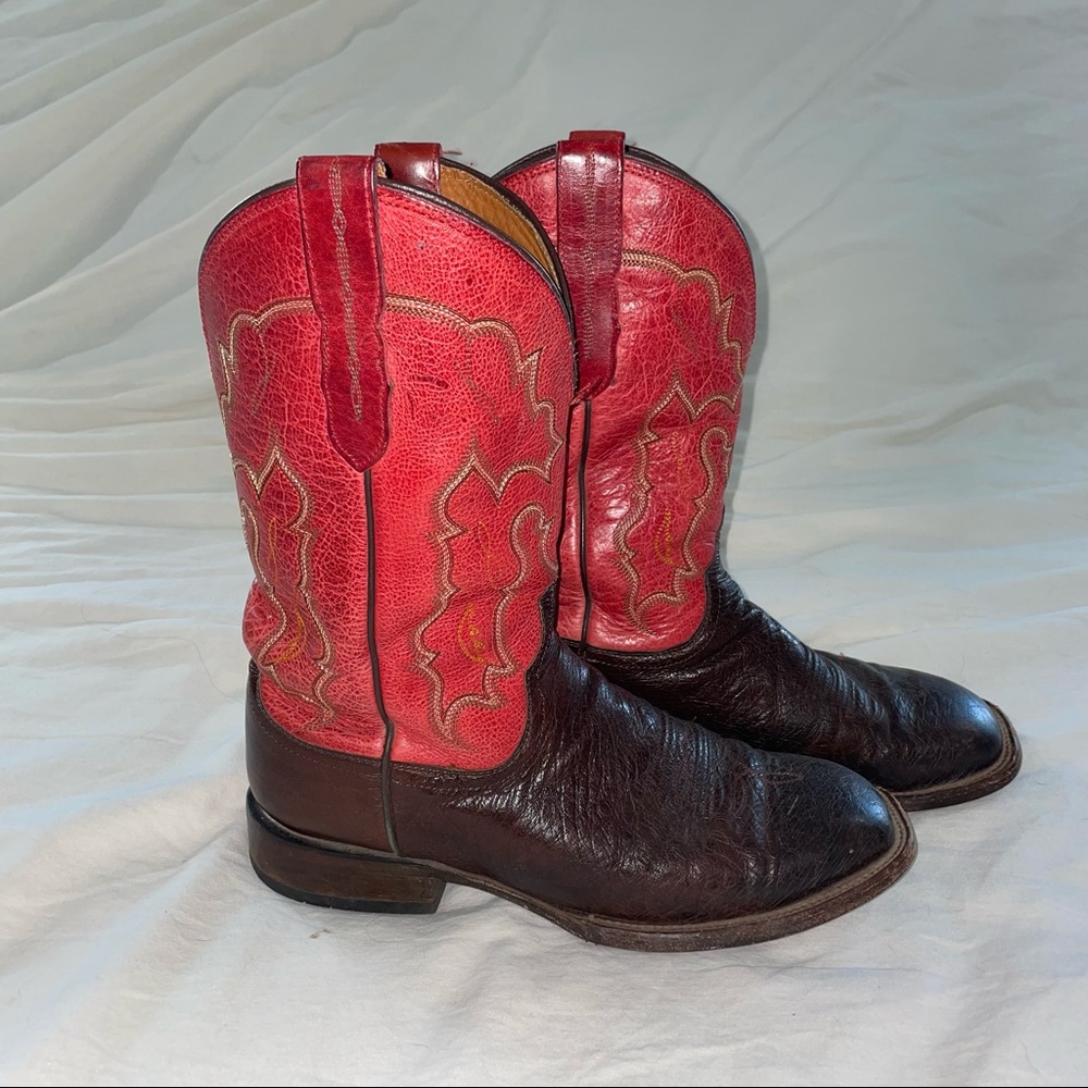 Brown & Red Lucchese Smooth Ostrich Boots Size 9